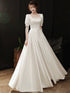 White Satin A-line Short Sleeves Wedding Party Dress, White Satin Long Prom Dress